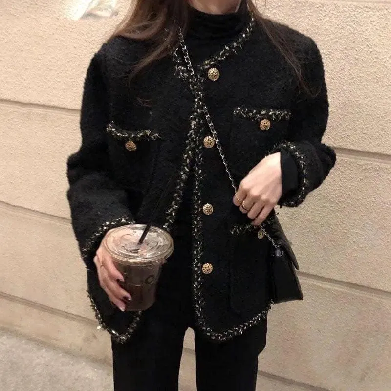 CHONG FENG XIA Vintage Woolen Tweed Black Jackets - Women's Fall Wool Blend Short Coat, Korean Casual Office