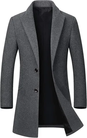 chouyatou Men's Mid-Length Single Breasted Wool Blend Top Coat