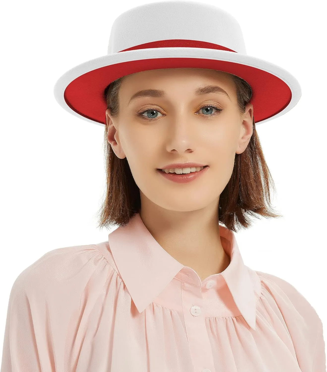 Classic Fedora Hat Two Tone Flat Top Hat with Band Wide Brim Pork Pie Hat Adjustable Patchwork Colors Panama Hat