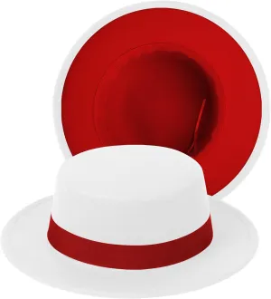 Classic Fedora Hat Two Tone Flat Top Hat with Band Wide Brim Pork Pie Hat Adjustable Patchwork Colors Panama Hat