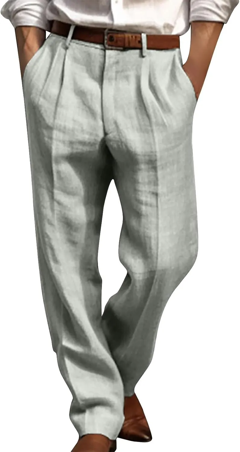 Classic-Fit Pleated Dress Pants for Men Casual Elastic Waist Straight Leg Suit Pant Summer Lightweight Solid Trouser
