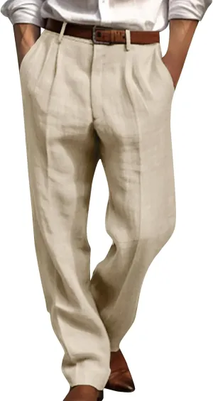 Classic-Fit Pleated Dress Pants for Men Casual Elastic Waist Straight Leg Suit Pant Summer Lightweight Solid Trouser