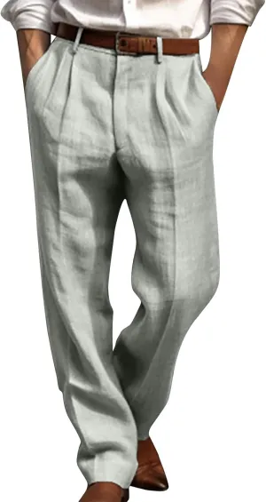 Classic-Fit Pleated Dress Pants for Men Casual Elastic Waist Straight Leg Suit Pant Summer Lightweight Solid Trouser