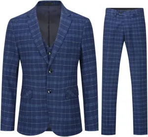 Cloudstyle Mens 3-Piece Plaid Suit Set Modern Fit Jacket Tux Blazer Vest Pants