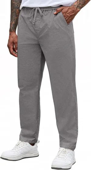 COOFANDY Cotton Pants for Men Drawstring Elastic Waist Casual Pants Loose Fit Chino Pants with Pockets, Light Grey, S