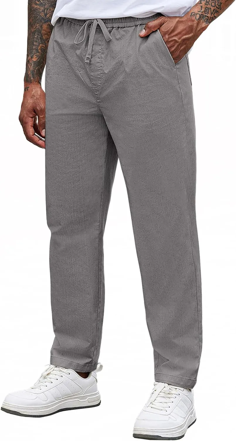 COOFANDY Cotton Pants for Men Drawstring Elastic Waist Casual Pants Loose Fit Chino Pants with Pockets, Light Grey, S