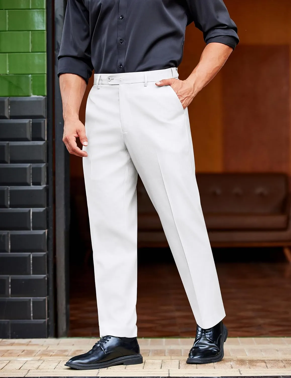 COOFANDY Mens Classic Casual Dress Pants Expandable Waist Suit Pant Slim Fit Flat Front Slacks