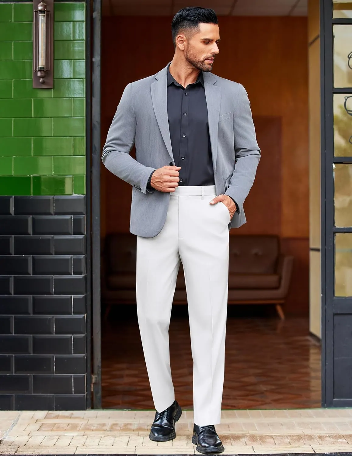 COOFANDY Mens Classic Casual Dress Pants Expandable Waist Suit Pant Slim Fit Flat Front Slacks