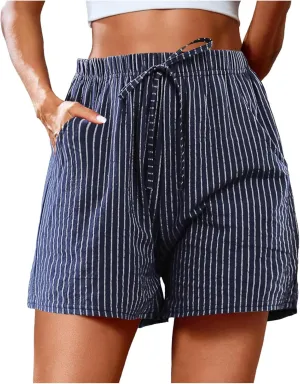 cooki Linen Shorts for Women Summer Casual High Waist Wide Leg Drawstring Striped Shorts with Pockets Elastic Beach Shorts