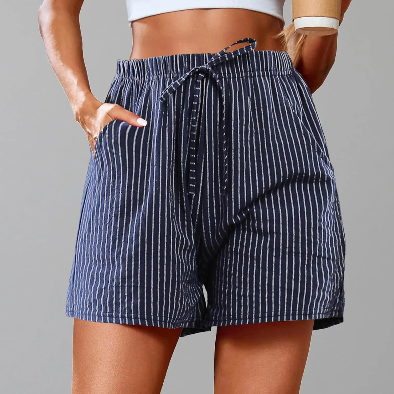 cooki Linen Shorts for Women Summer Casual High Waist Wide Leg Drawstring Striped Shorts with Pockets Elastic Beach Shorts