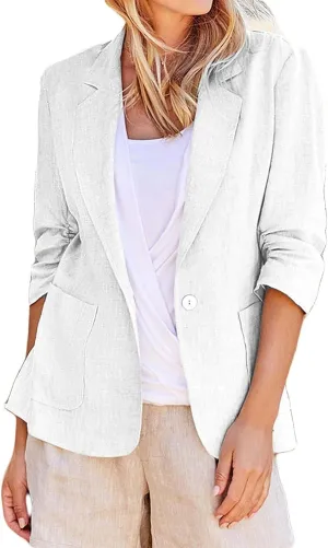 Cotton Linen Blazer Women 3/4 Stretchy Ruched Sleeve Fully Lined Boyfriend Lightweight Breathable Casual Work Jacket
