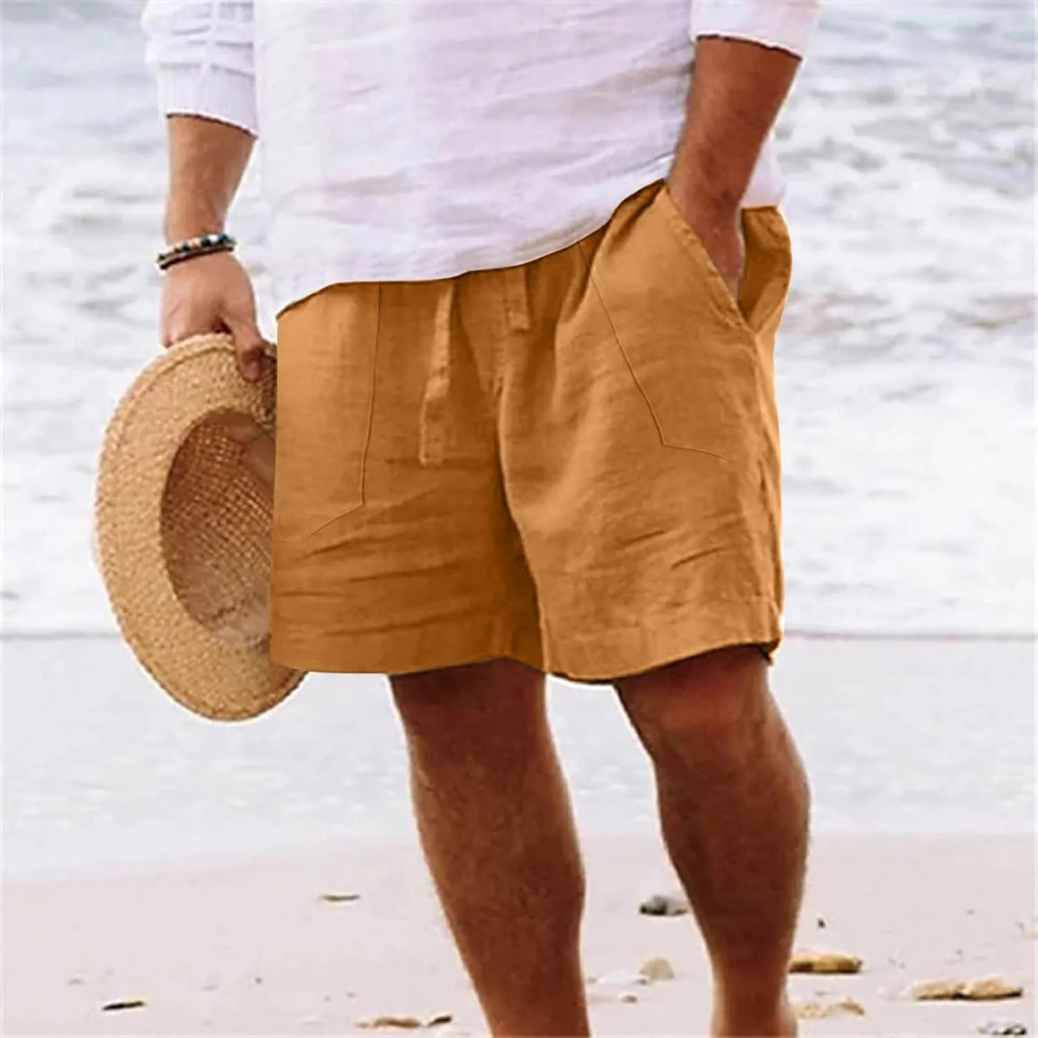 CRNTCEM Mens Lightweight Cotton Linen Shorts Drawstring Summer Travel Beach Shorts Loose Outdoor Casual Sports Golf Shorts