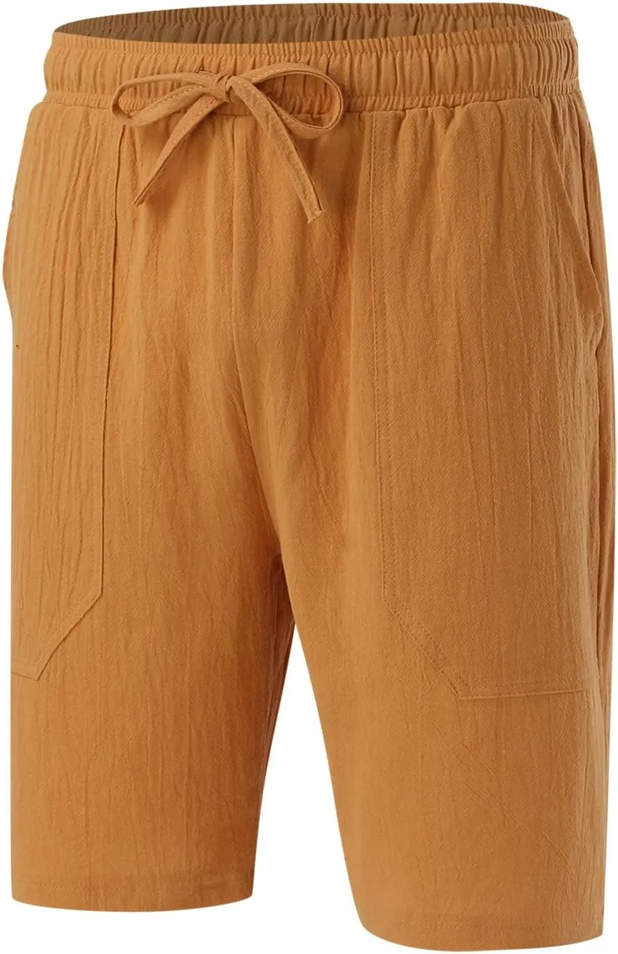 CRNTCEM Mens Lightweight Cotton Linen Shorts Drawstring Summer Travel Beach Shorts Loose Outdoor Casual Sports Golf Shorts