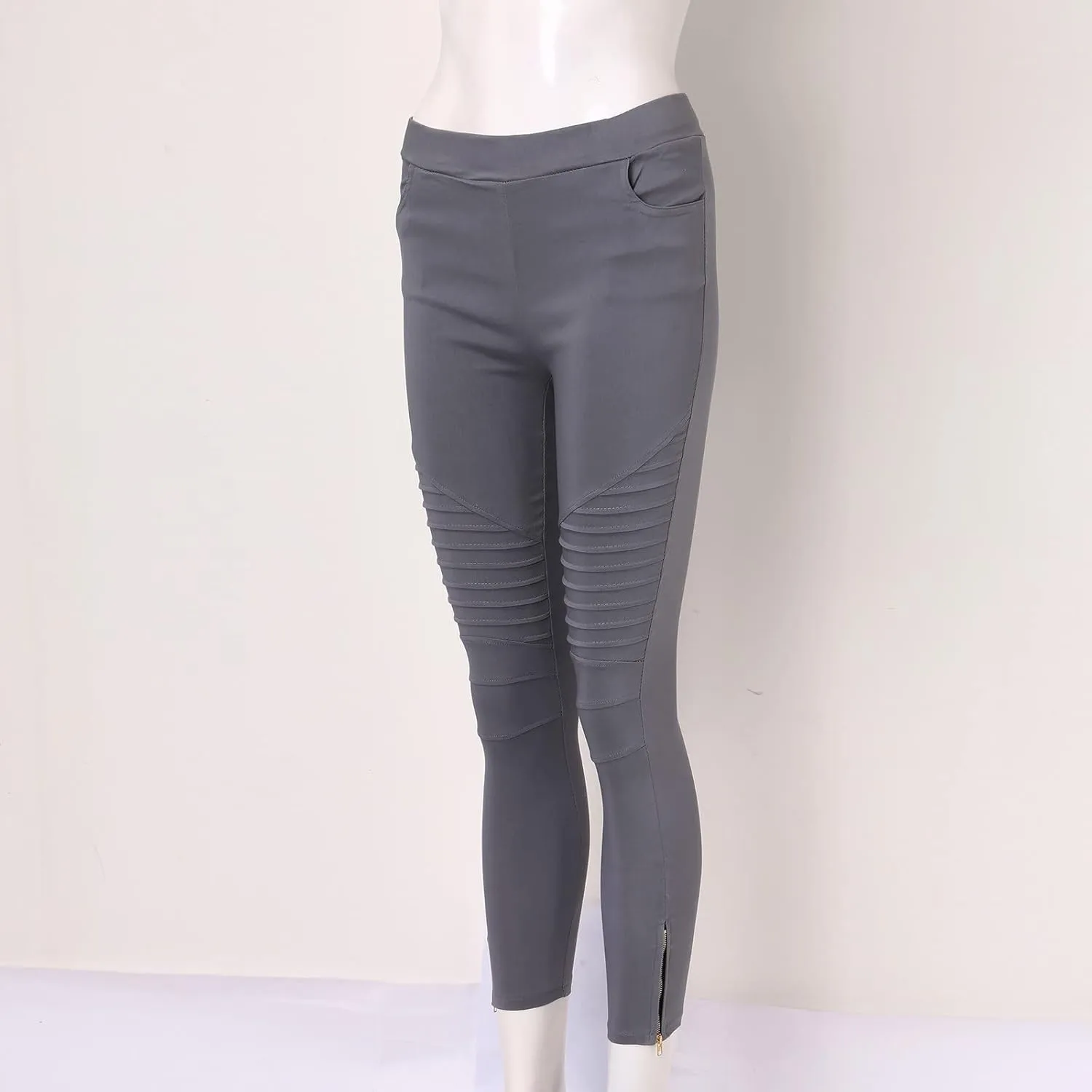 CRNTCEM Womens Cotton Jeggings for Women High Waisted Stretch Skinny Moto Biker Leggings Pleated Slim Pull-On Pencil Pants