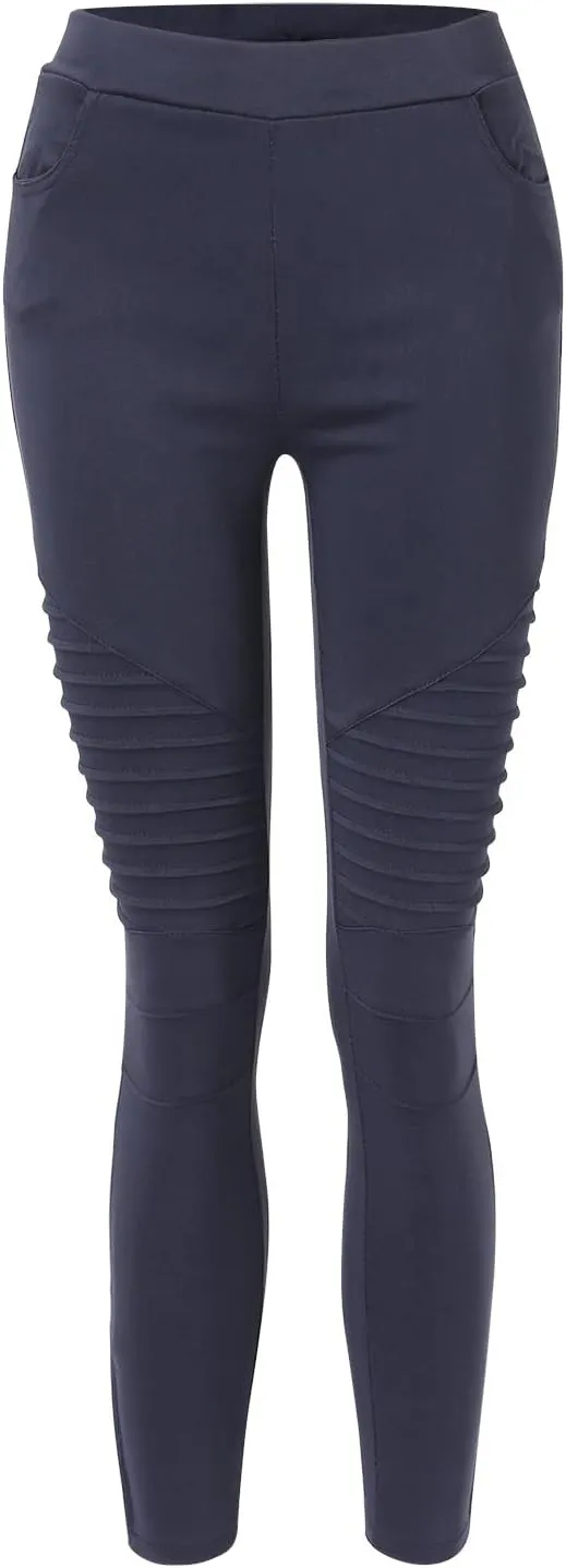 CRNTCEM Womens Cotton Jeggings for Women High Waisted Stretch Skinny Moto Biker Leggings Pleated Slim Pull-On Pencil Pants