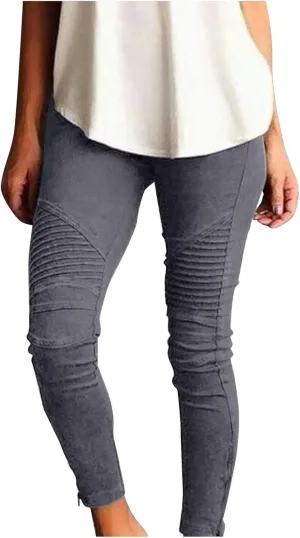 CRNTCEM Womens Cotton Jeggings for Women High Waisted Stretch Skinny Moto Biker Leggings Pleated Slim Pull-On Pencil Pants