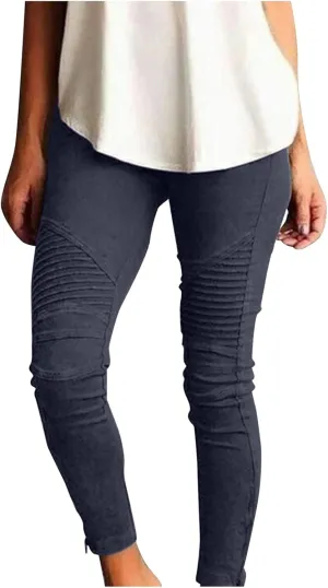 CRNTCEM Womens Cotton Jeggings for Women High Waisted Stretch Skinny Moto Biker Leggings Pleated Slim Pull-On Pencil Pants