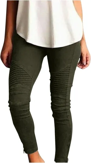 CRNTCEM Womens Cotton Jeggings for Women High Waisted Stretch Skinny Moto Biker Leggings Pleated Slim Pull-On Pencil Pants
