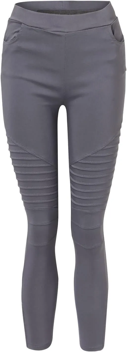CRNTCEM Womens Cotton Jeggings for Women High Waisted Stretch Skinny Moto Biker Leggings Pleated Slim Pull-On Pencil Pants