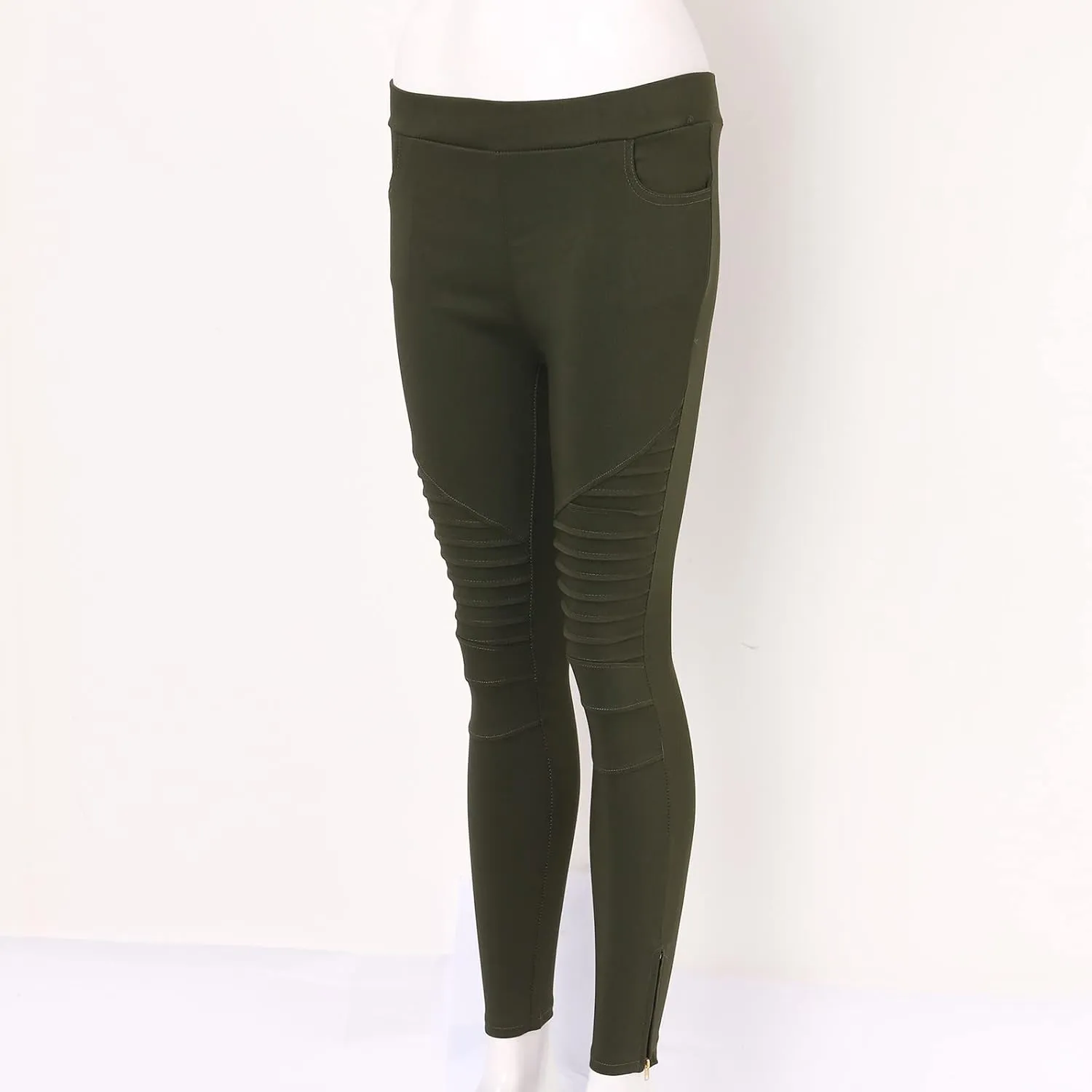 CRNTCEM Womens Cotton Jeggings for Women High Waisted Stretch Skinny Moto Biker Leggings Pleated Slim Pull-On Pencil Pants