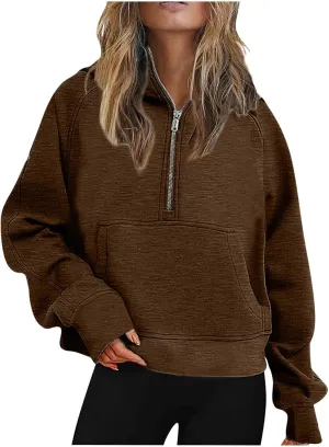 Dademeo Women Half Zip Cropped Hoodies Sweatshirt Fleece Long Sleeve Pocket Pullover Outerwear Tops Y2k Fall Fashion Outfits