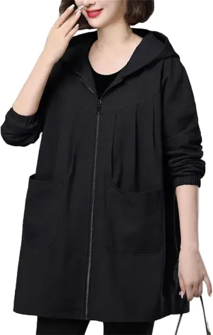 Double Layer Women Windbreaker Spring Loose Mid-Length Hooded Trench Coat Mother Fashion Cotton Lining Tops