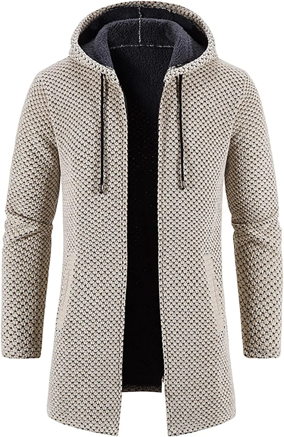 DuDubaby Men's Hooded Plush Plaid Knitting Drawstring Coat Sweater Warm Solid Color Jackets Tops