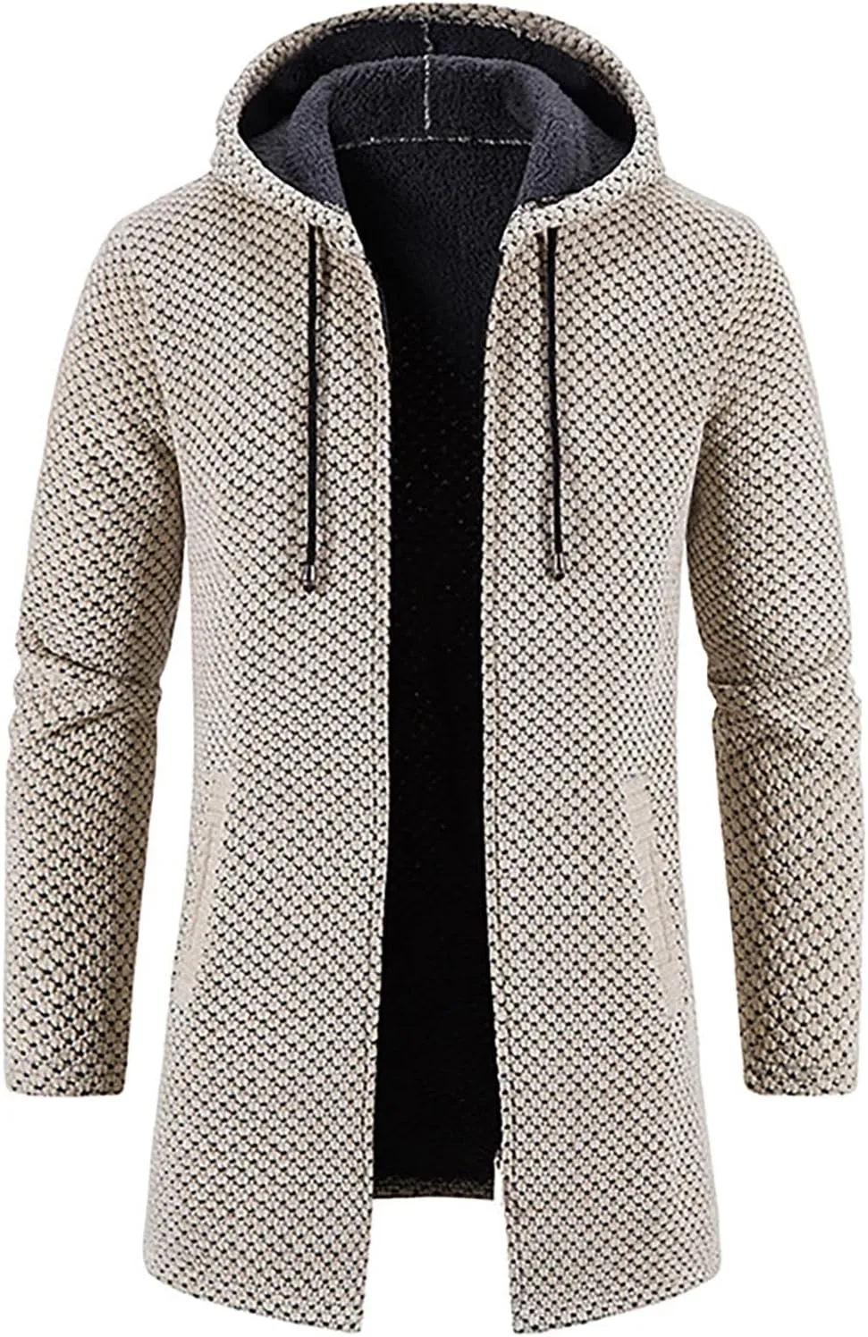DuDubaby Men's Hooded Plush Plaid Knitting Drawstring Coat Sweater Warm Solid Color Jackets Tops