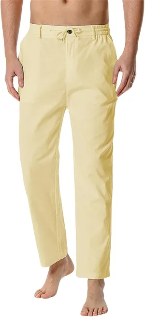 evzosrz Cotton Linen Lounge Pants Mens Casual Twill Drawstring Elastic Waist Chino Pants Loose Hippie Yoga Beach Pants