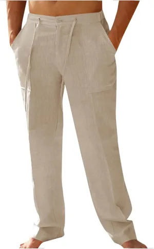 evzosrz Cotton Linen Pants Men Casual Loose Fit Straight-Legs Yoga Pant Elastic Waist Drawstring Beach Workout Trousers