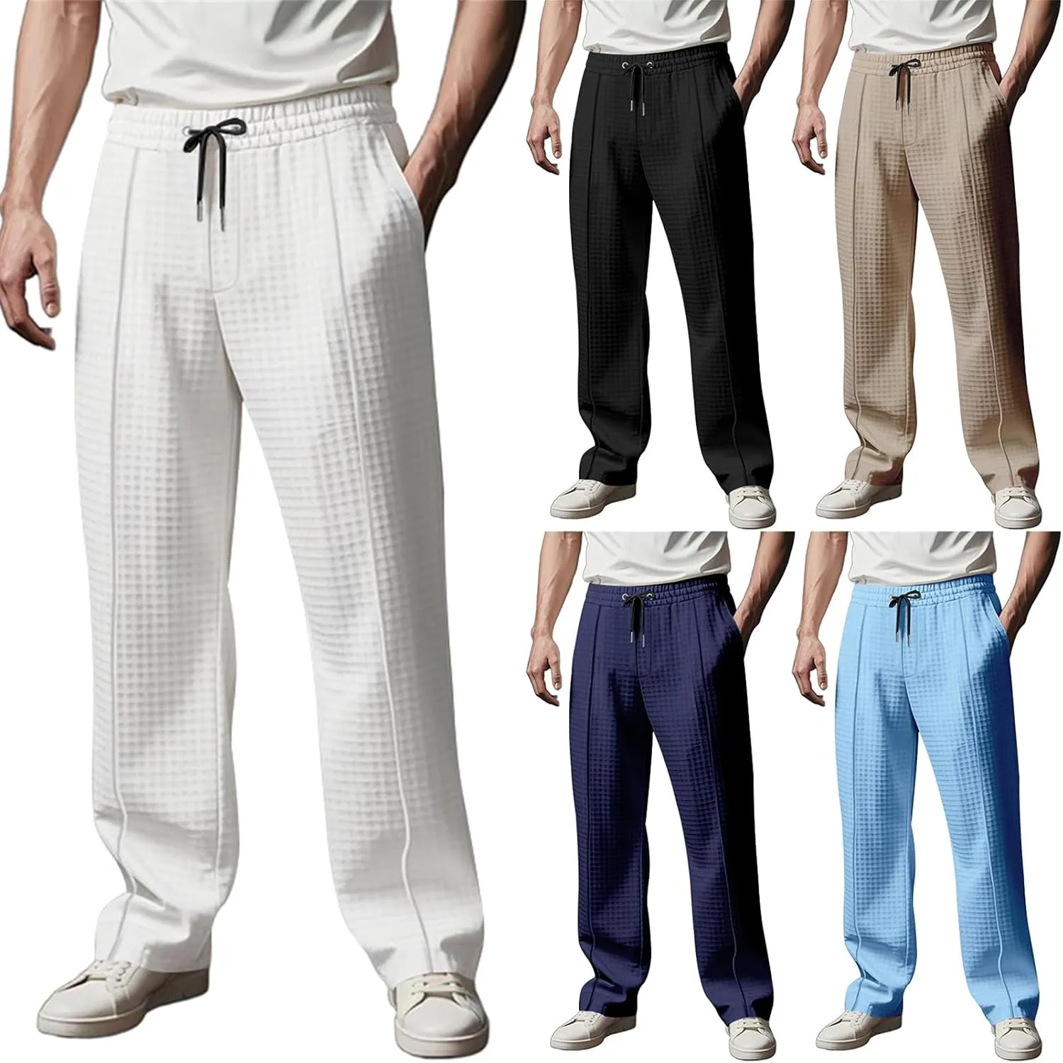 evzosrz Mens Casual Drawstring Pants Elastic Waist Waffle Joggers Pants Athletic Running Gym Straight Beach Yoga Trousers
