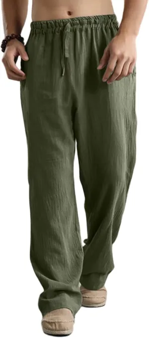 evzosrz Mens Casual Linen Pants Loose Fit Lightweight Drawstring Elastic Waist Solid Pant Yoga Beach Straight-Legs Trousers