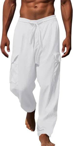 evzosrz Mens Casual Yoga Pants Elastic Waist Drawstring Trousers Casual Fall Beach Cargo Pant with Pockets