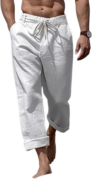 evzosrz Mens Cotton Linen Yoga Pants Casual Straight Drawstring Pockets Elastic Waist Loose Lightweight Beach Trousers