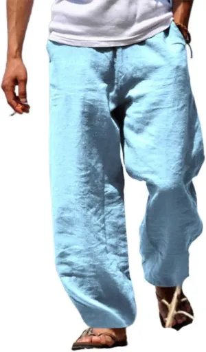 evzosrz Mens Linen Casual Pants Fall Loose Fit Slacks Elastic Waist Trousers Wide Leg Joggers Yoga Beach Pants for Men