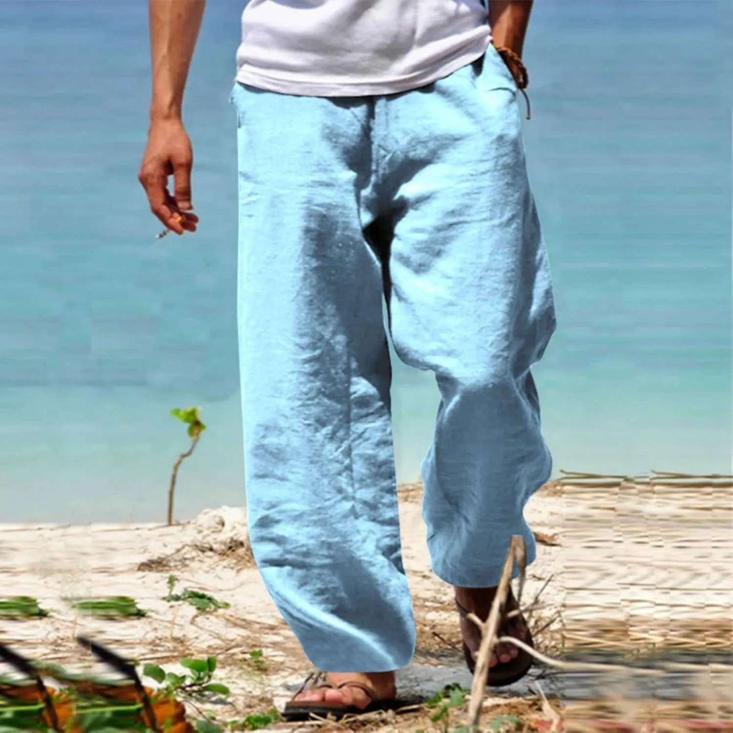 evzosrz Mens Linen Casual Pants Fall Loose Fit Slacks Elastic Waist Trousers Wide Leg Joggers Yoga Beach Pants for Men
