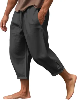 evzosrz Men's Linen Harem Pants Loose Lightweight Capri Slacks Drawstring Elastic Waist Casual Beach Yoga Trousers