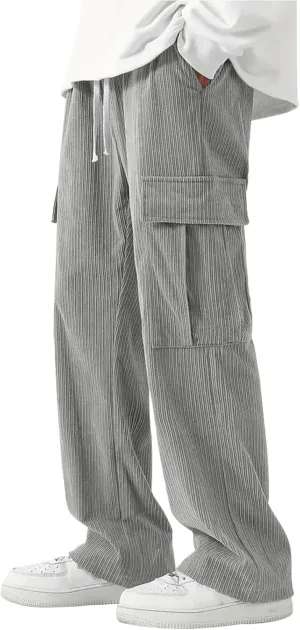 evzosrz Men's Loose Fit Cargo Pants, Casual Corduroy Sweatpant Elastic Waist Wide Leg Trousers Running Baggy Straight Pants