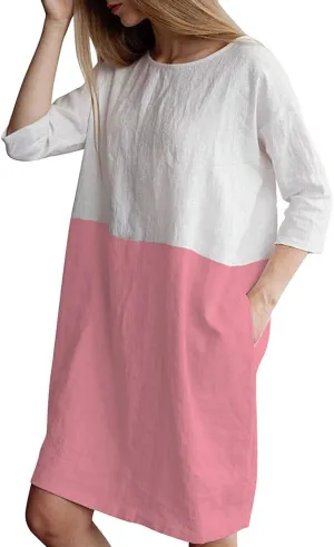 Famulily Women's Oversized 3 4 Sleeve Two Tone Colors Loose T Shirt Dress with Pockets