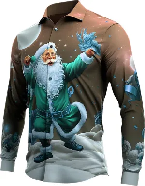 Funny Christmas Shirts for Men 2024 Long Sleeve Fun Printed Hawaiian Santa Shirt Santa Printed Vintage Tops
