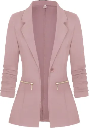 Genhoo Women's Blazers & Suit Jackets Classic Relaxed Open Front Cardigan with Zipper Pockets Pink X-Large