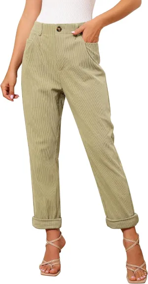 GRAPENT Corduroy Pleated Pants for Women Casual Stretchy High Waisted Straight Leg Trousers Loose Fit Slacks with Pockets