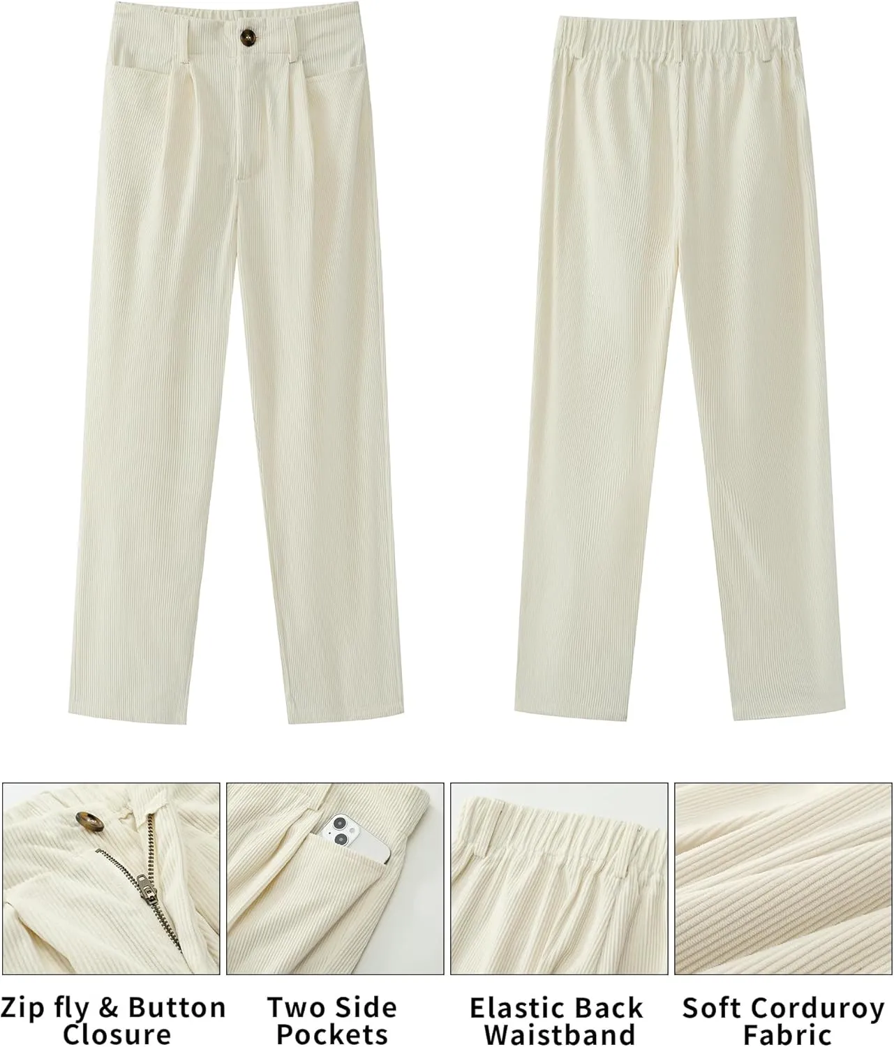 GRAPENT Corduroy Pleated Pants for Women Casual Stretchy High Waisted Straight Leg Trousers Loose Fit Slacks with Pockets
