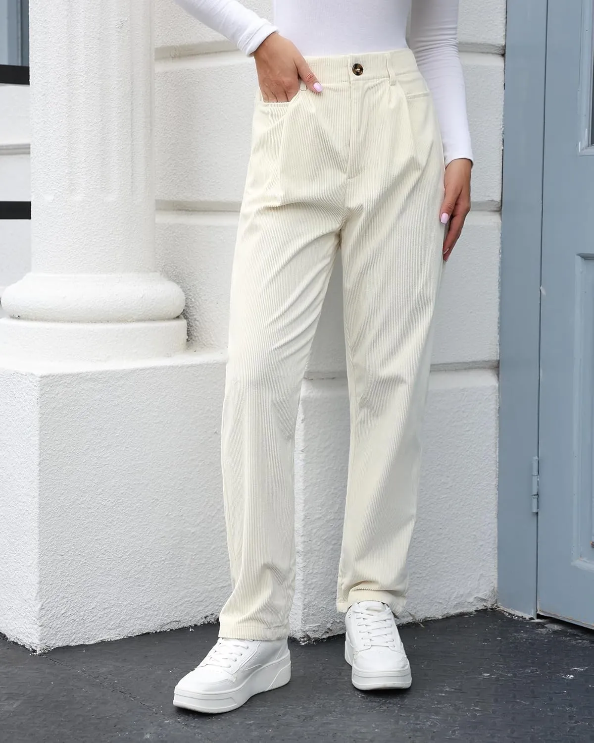 GRAPENT Corduroy Pleated Pants for Women Casual Stretchy High Waisted Straight Leg Trousers Loose Fit Slacks with Pockets