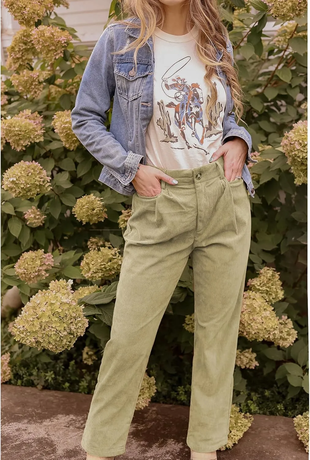 GRAPENT Corduroy Pleated Pants for Women Casual Stretchy High Waisted Straight Leg Trousers Loose Fit Slacks with Pockets
