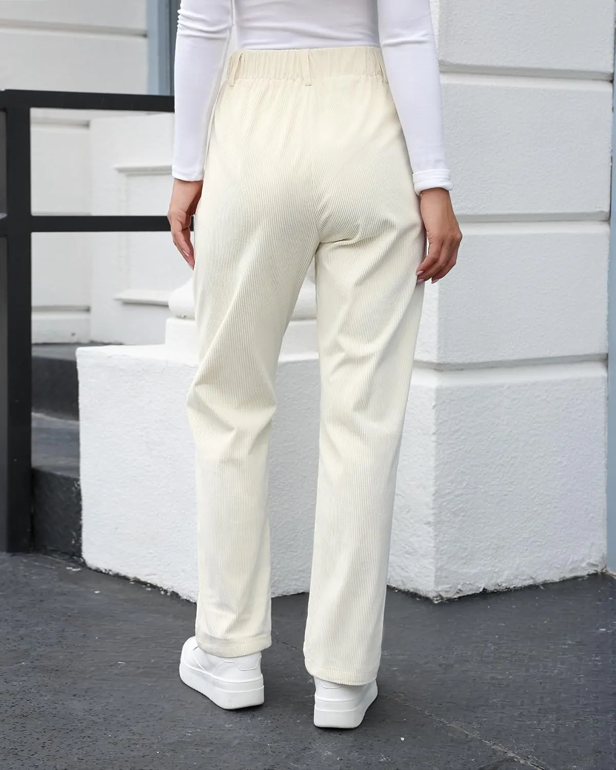 GRAPENT Corduroy Pleated Pants for Women Casual Stretchy High Waisted Straight Leg Trousers Loose Fit Slacks with Pockets