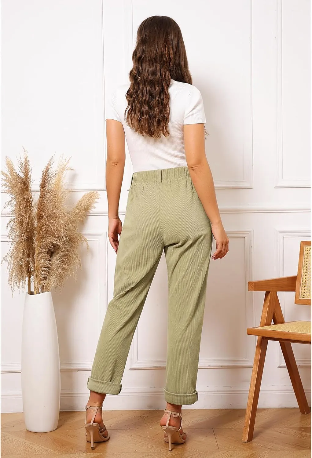 GRAPENT Corduroy Pleated Pants for Women Casual Stretchy High Waisted Straight Leg Trousers Loose Fit Slacks with Pockets