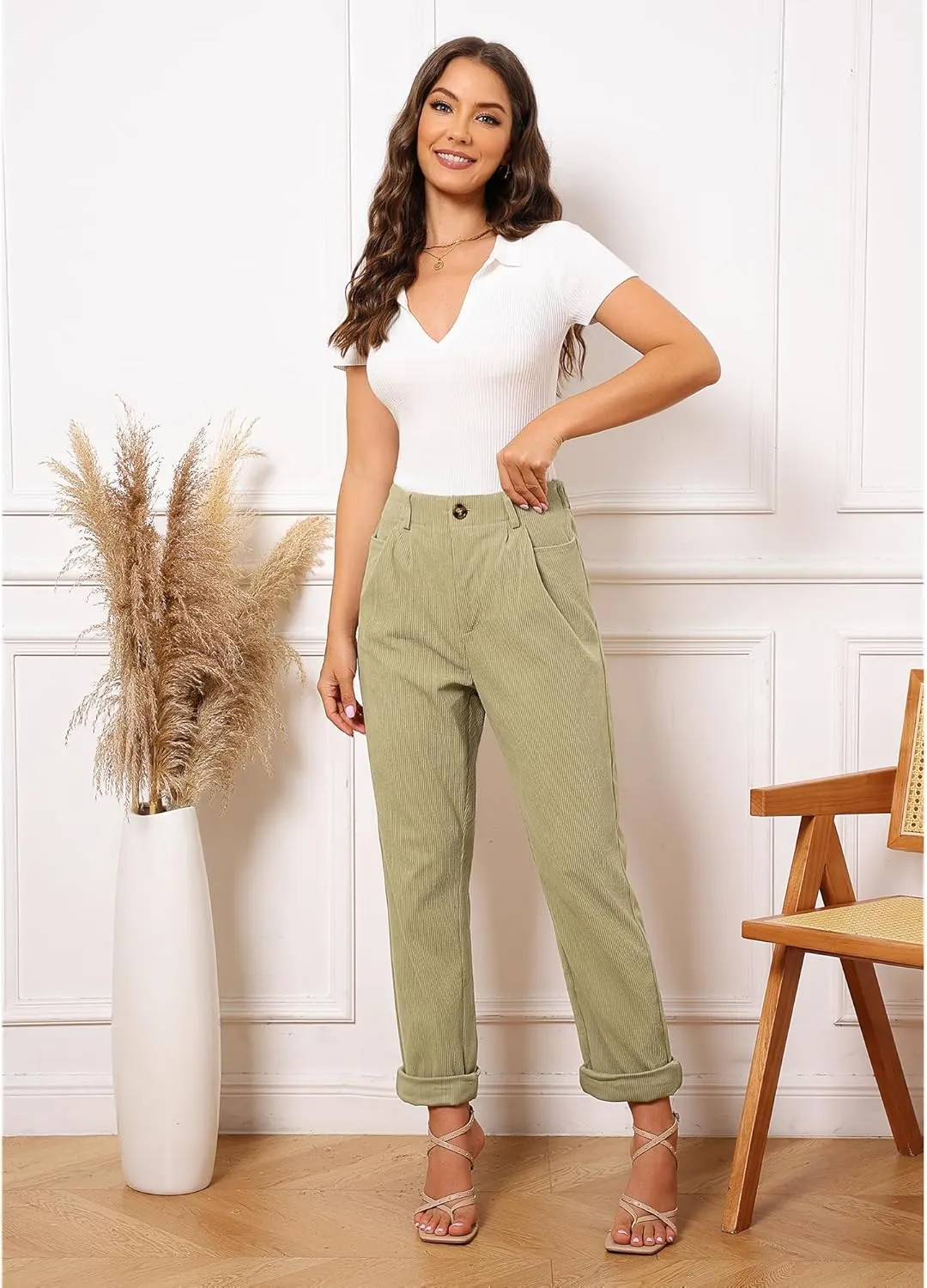 GRAPENT Corduroy Pleated Pants for Women Casual Stretchy High Waisted Straight Leg Trousers Loose Fit Slacks with Pockets