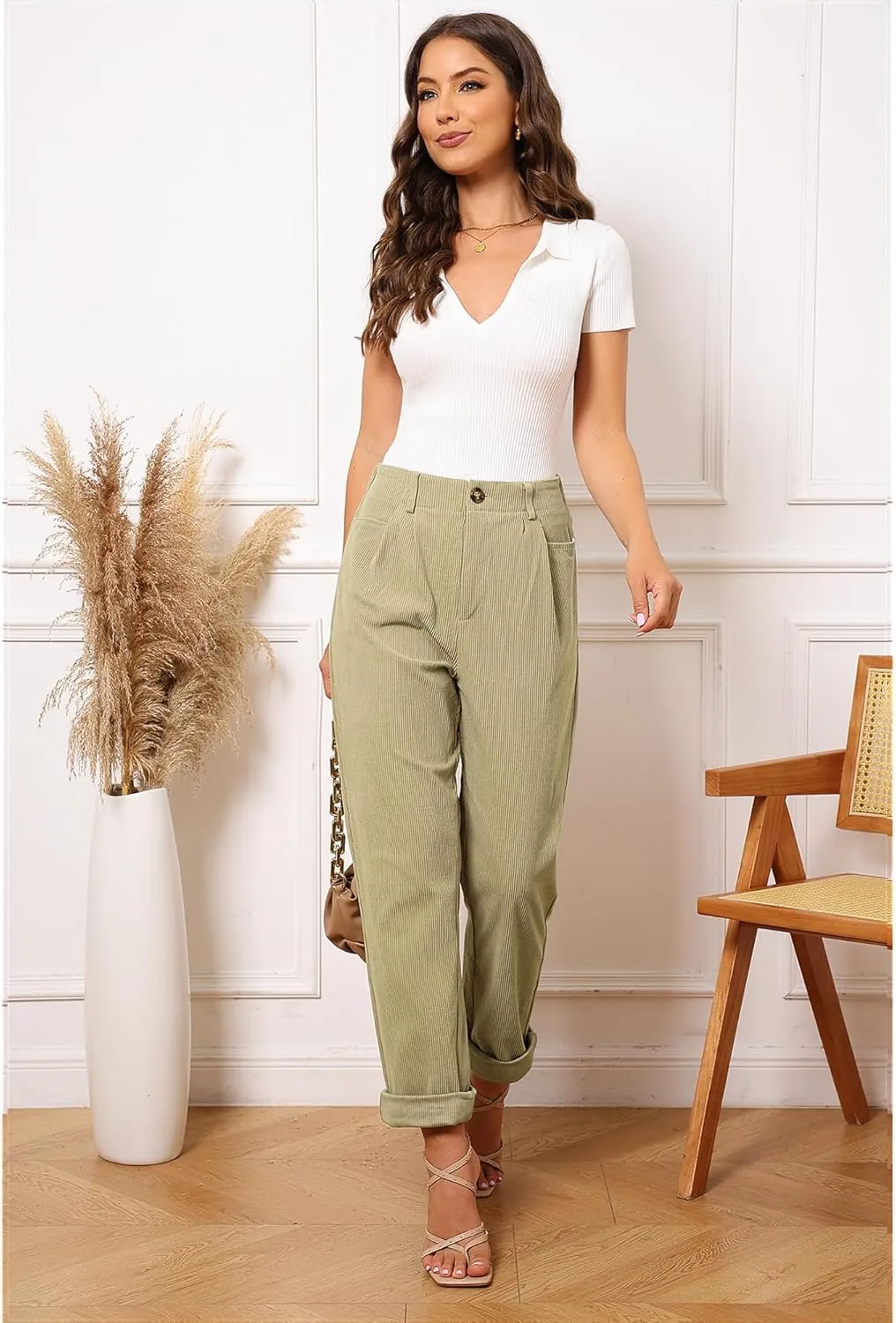 GRAPENT Corduroy Pleated Pants for Women Casual Stretchy High Waisted Straight Leg Trousers Loose Fit Slacks with Pockets