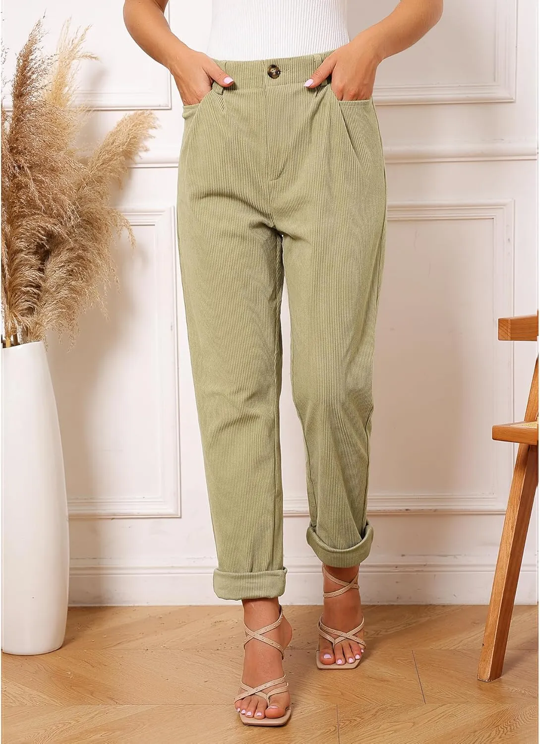 GRAPENT Corduroy Pleated Pants for Women Casual Stretchy High Waisted Straight Leg Trousers Loose Fit Slacks with Pockets